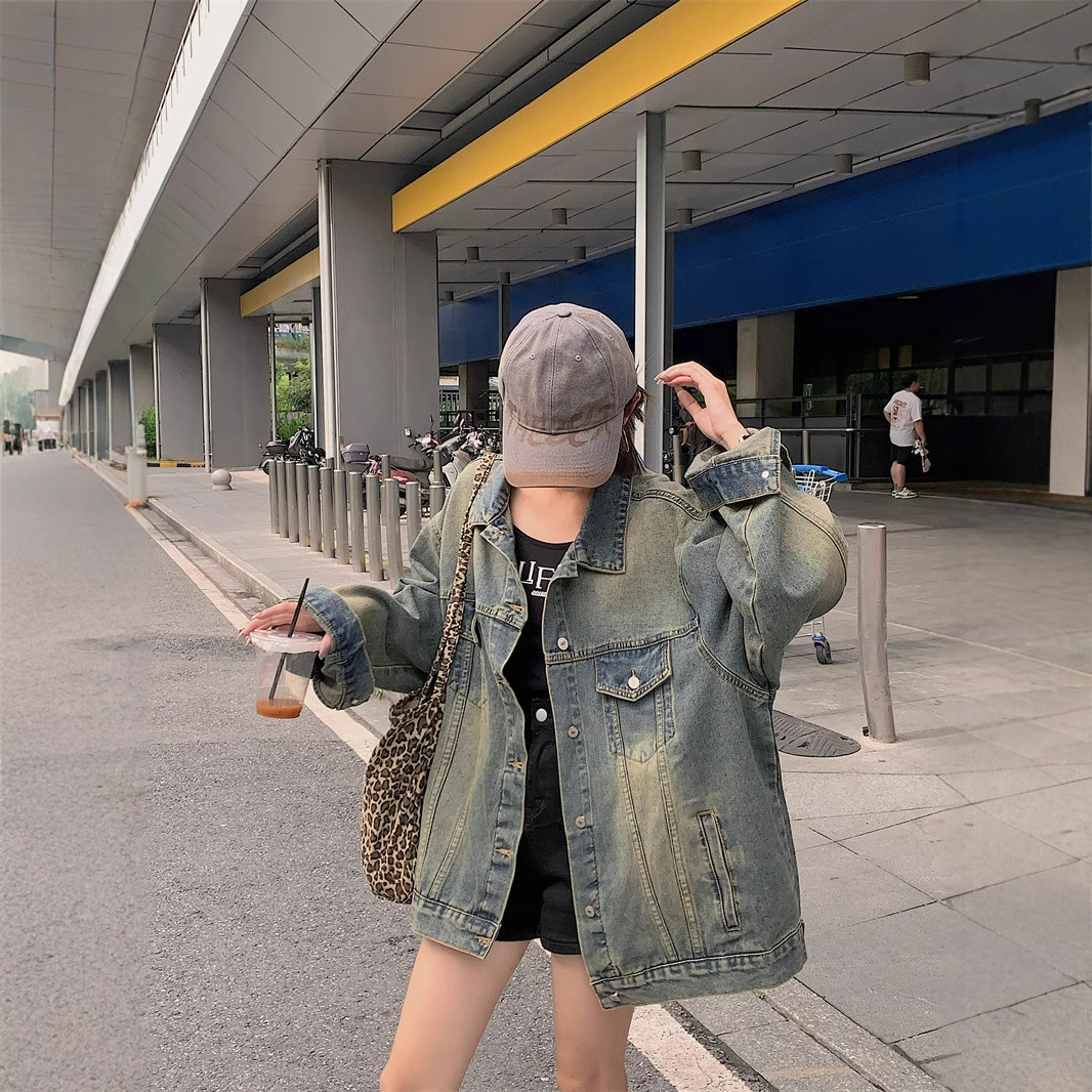 TikTok Explosive Retro American Style Denim Coat Women's High Street Fashion Brand Loose Couple's Casual Loose Jacket Top Fashion