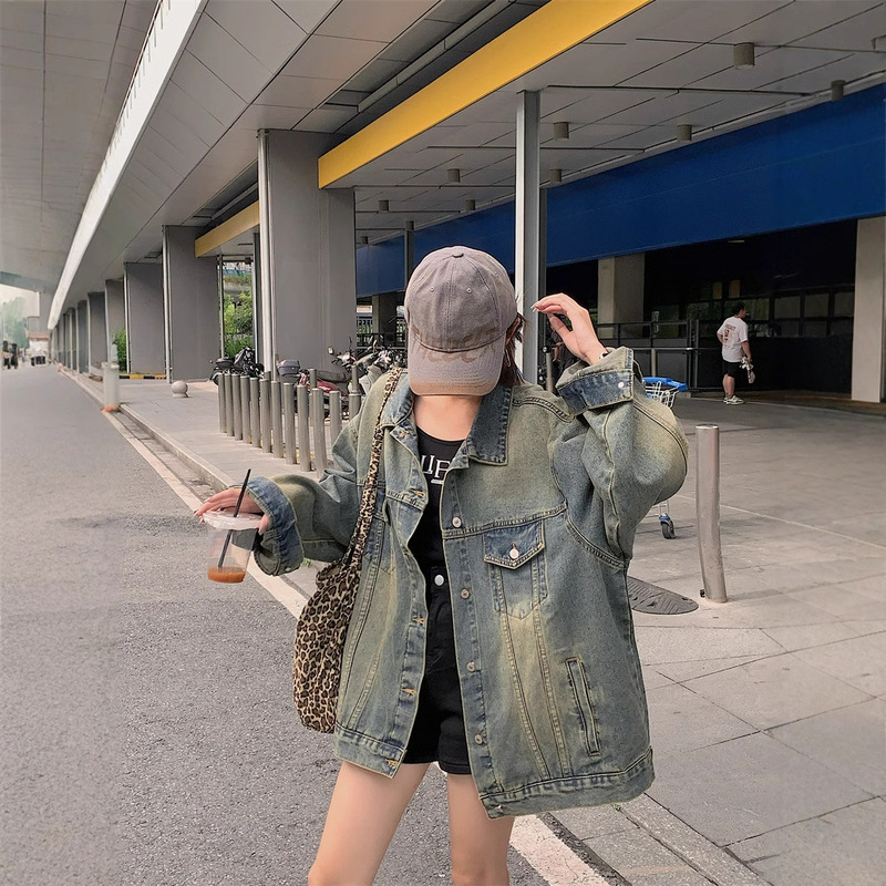 TikTok Explosive Retro American Style Denim Coat Women's High Street Fashion Brand Loose Couple's Casual Loose Jacket Top Fashion