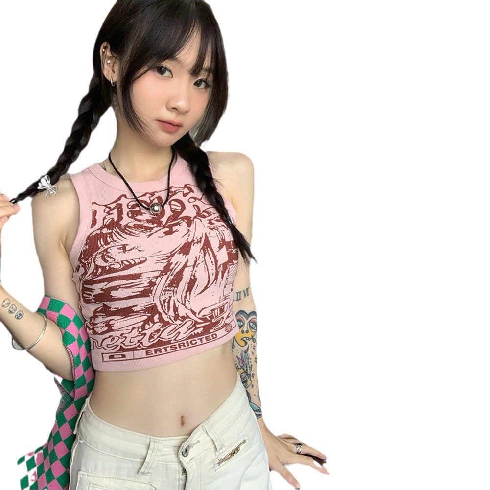 Американский ретро I-образный жилет на подтяжках, женская летняя сладкая и пряная верхняя одежда, розовый сексуальный короткий спортивный топ без рукавов