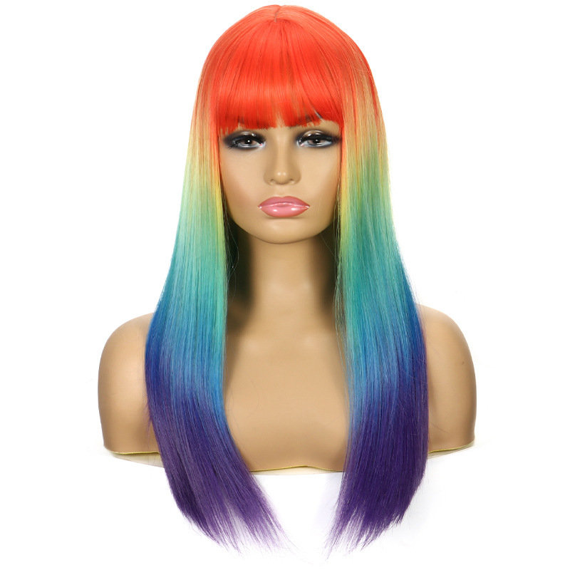 Peluca femenina transfronteriza nueva peluca europea y americana femenina Wig multicolor Qi flequillo de pelo largo y liso fabricante de sombreros de fibra química