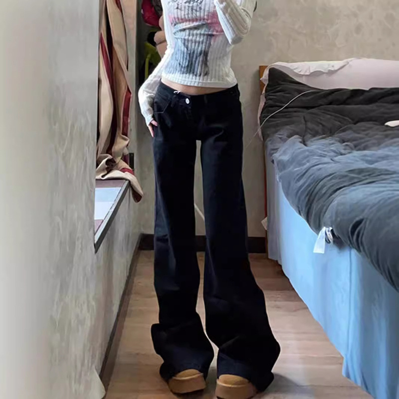 Hot Girl Style Low-Waist Black Wide-Leg Flared Jeans for Women, New Spring and Autumn Style, Loose Fit, Slimming, Versatile, Floor-Length Bell-Bottom Pants