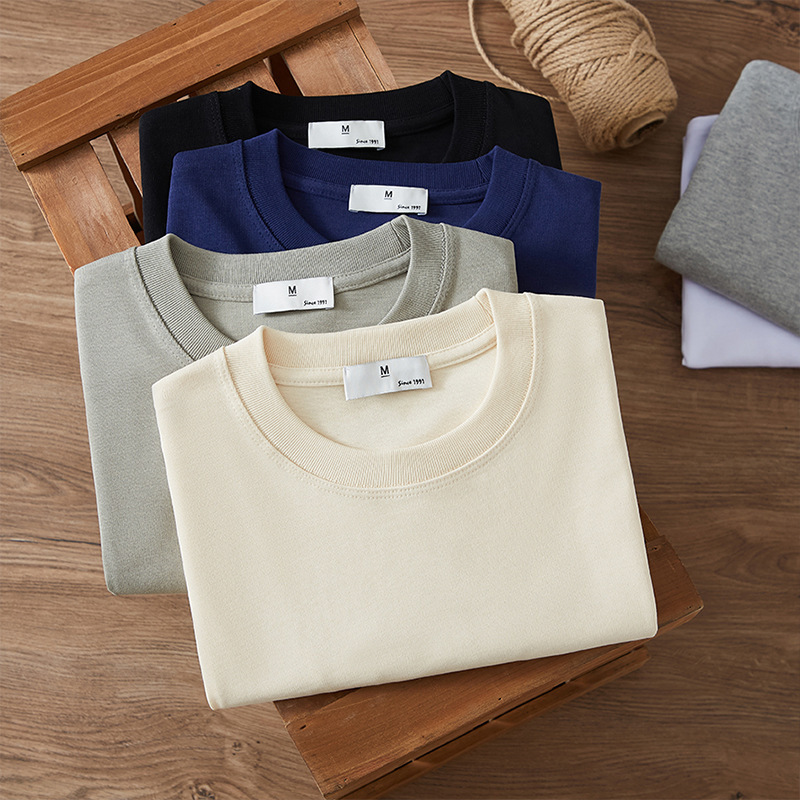 Japanese-Style Khaki Earth-Tone 360g Heavyweight Washed Double-Yarn Pure Cotton Short-Sleeve T-Shirt for Men, Solid Color Versatile Basic Style