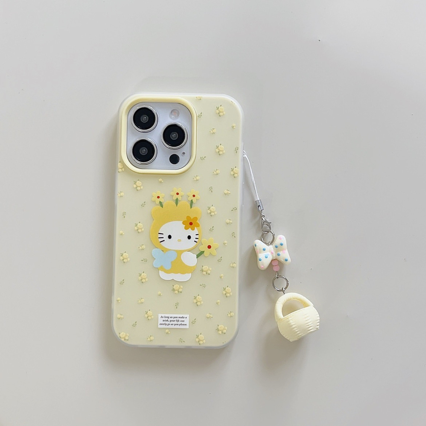 Verano amarillo pequeño floral KT gato para Apple 16ProMax funda para teléfono móvil 15Pro colgante 14/13 nuevo 15PM