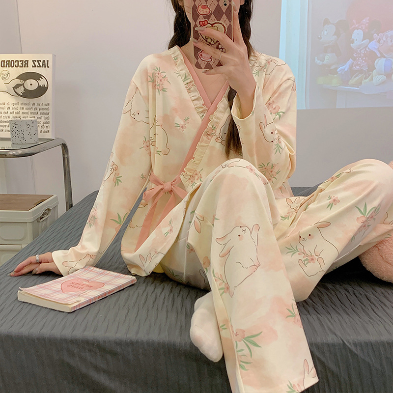 Spring and Summer New Rabbit Combed Cotton Moon Clothing Kimono Lace-up Casual Maternity Clothing Moon Clothing Nursing Clothes