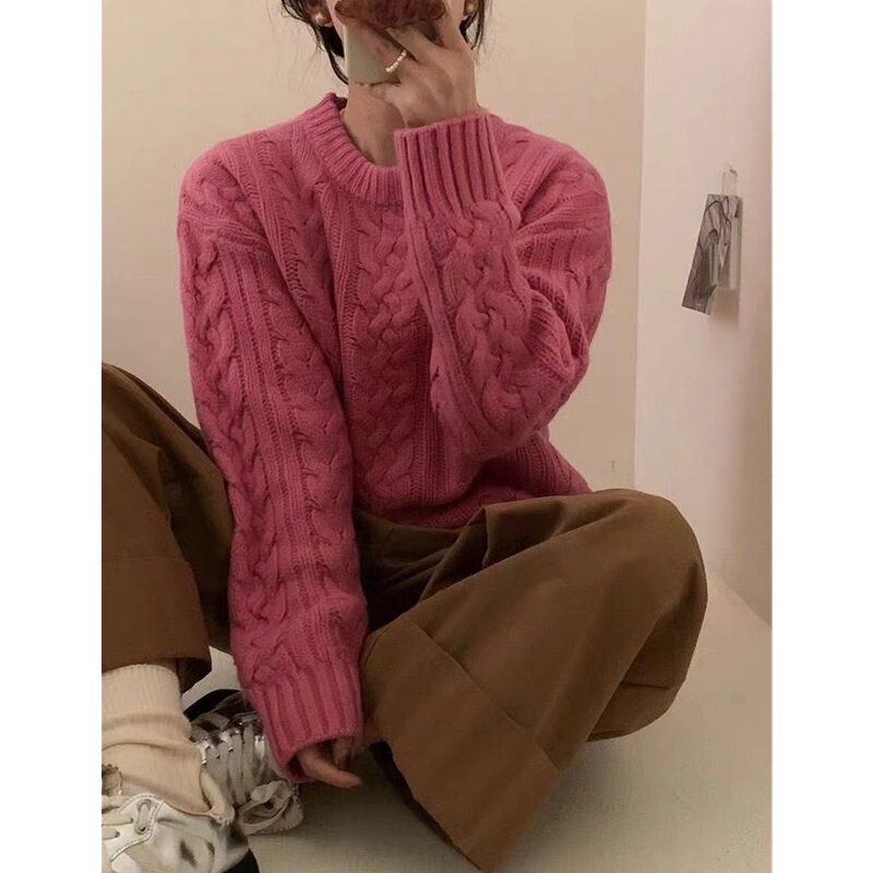 韩国Thebarnnet 八奶麻花软糯毛衣女宽松高质感套头上衣针织衫|undefined