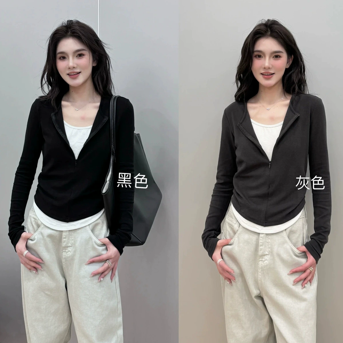 Европейские модные контрафактные цветовые сшивания с v-образным вырезом поддельные две футболки женские ранние осенние 2024 тонкие топы с длинными рукавами