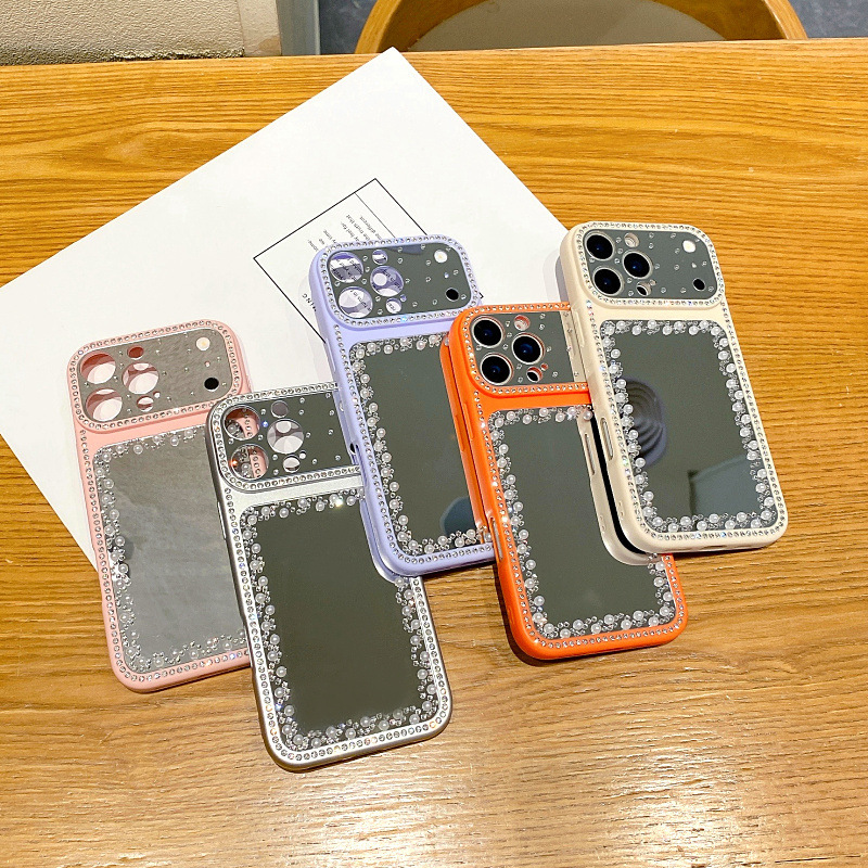 Makeup mirror phone case for iPhone 17 Pro Max, stylish design for women, 16 Pro with rhinestones, Apple 15 protective case