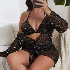 亚马逊跨境新款欧美大码三件套泳装 星点亮片性感防晒泳装女