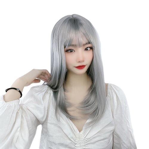 Granny gray wig for women with medium-long hair, air bangs, Lolita long straight hair, fluffy face-shaping, full headgear of synthetic fiber wig