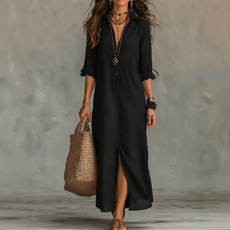 2026 European and American Cross-Border Casual Cardigan Loose Dress Solid Color Turn-Down Collar Front and Back Slit Vacation Long Dress 2026 European and American Cross-Border Casual Cardigan Loose Dress Solid Color Turn-Down Collar Front and Back Slit Vacation Long Dress