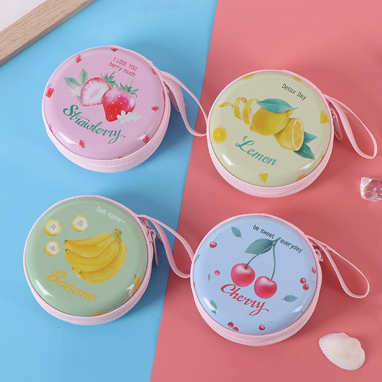 Round tinplate coin purse, zipper with chain, cartoon print, compact 7×7×3 cm