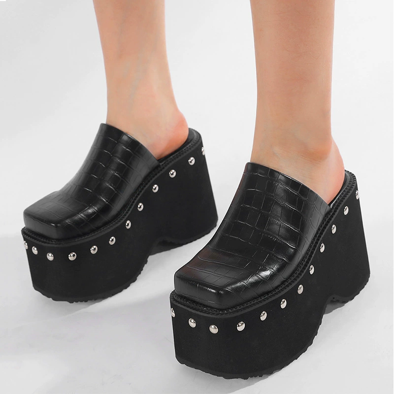 Долгосрочная доставка 10cm толстая подошва холодные тапочки Баотоу большой размер летние тапочки на высоком каблуке