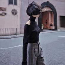 半高领高级感毛衣针织衫女秋冬黑色洋气打底衫内搭辣妹露肩上衣潮