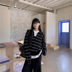 慵懒风POLO领条纹长袖针织衫女2025秋