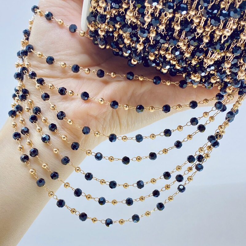 DIY Jewelry Chain Black Crystal Chain Round Bead Handmade Chain Antique Style Tassel Chain Crystal Beaded Chain