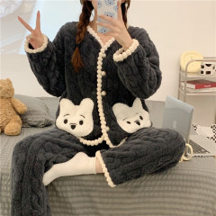 韓国版の冬の高見えする女性用長袖パジャマ、厚手のカーディガン、ツイストベルベットスーツ、漫画の女の子のホーム服イン