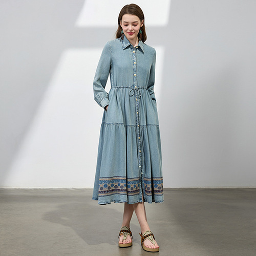 2025 New Spring Retro Drawstring Bodycon Dress for Women, Hand-embroidered Denim Skirt A82751