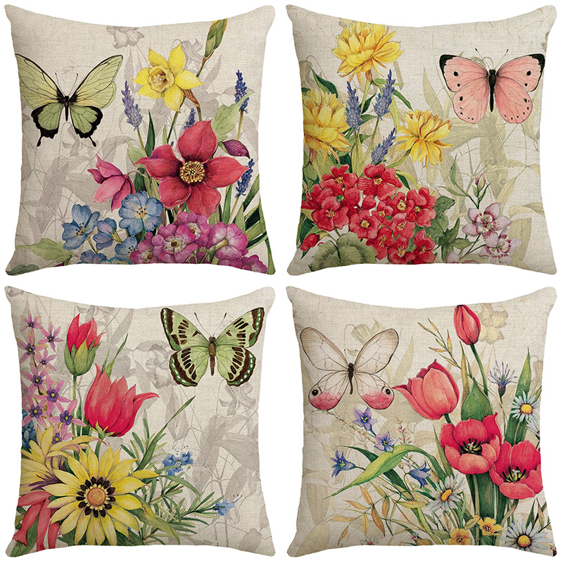 Amazon's Hot Spring and Summer Flower Butterfly Country Print Car Cushion Bedside Cushion Linen Pillow Cover Wholesale