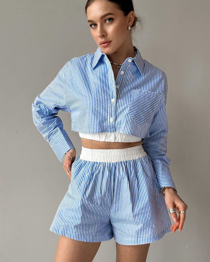 Striped Shirt Long Sleeve Ladies Two Piece Set Casual Elastic Waist Shorts Suit Summer