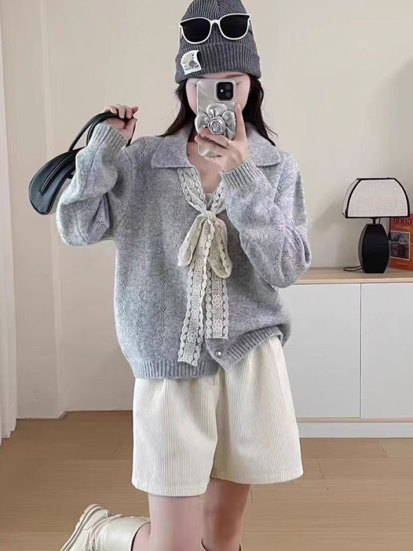 蕾丝系带蝴蝶结针织开衫女2025秋冬新款韩系简约显瘦百搭毛衣外套|undefined
