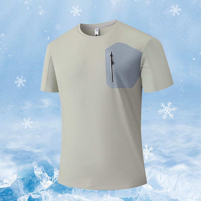 Summer New Men's Ice Silk Short-Sleeve T-Shirt Crew Neck Pullover Short T-Shirt Breathable Quick-Drying Elastic Top High Quality