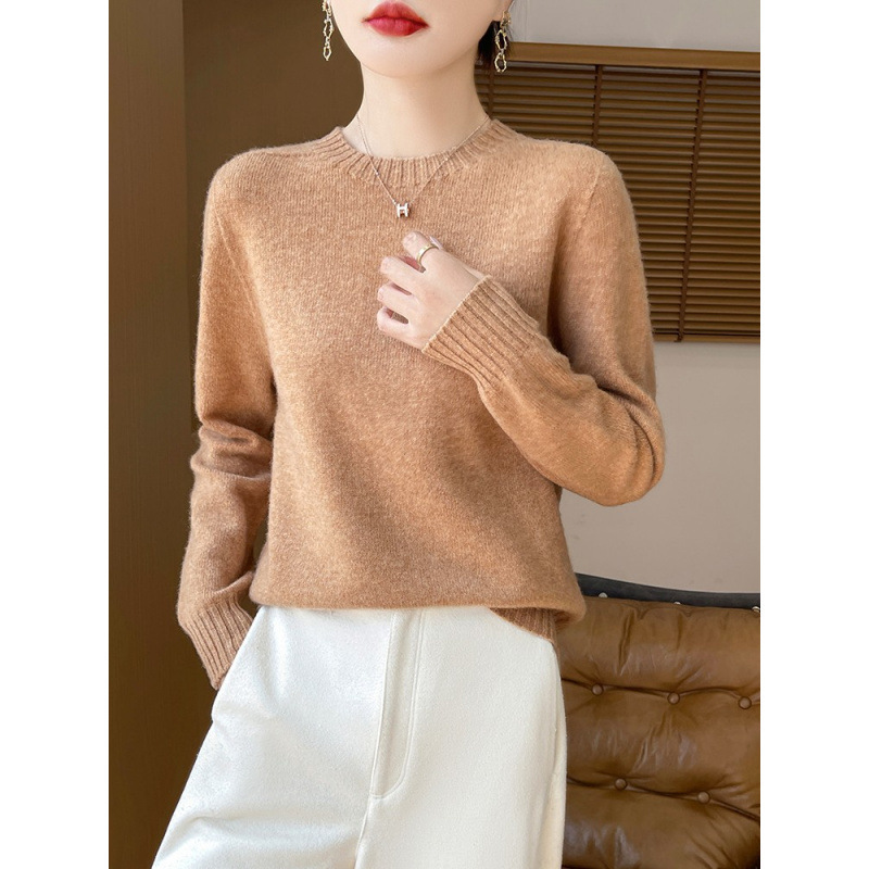 High-End Ready-To-Wear Thickened Wool Sweater for Women, Round Neck, 100% Pure Wool, Light Luxury, Fluffy, Skin-Friendly, Breathable Base Layer Sweater