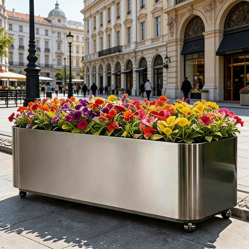 Caja de flores de acero inoxidable forjado al aire libre, sala de ventas, caja de flores de calle comercial, caja de flores de metal terminada, cerca de caja de flores