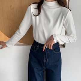 秋冬加绒半高领内搭黑色打底衫女洋气白色长袖T恤上衣冬