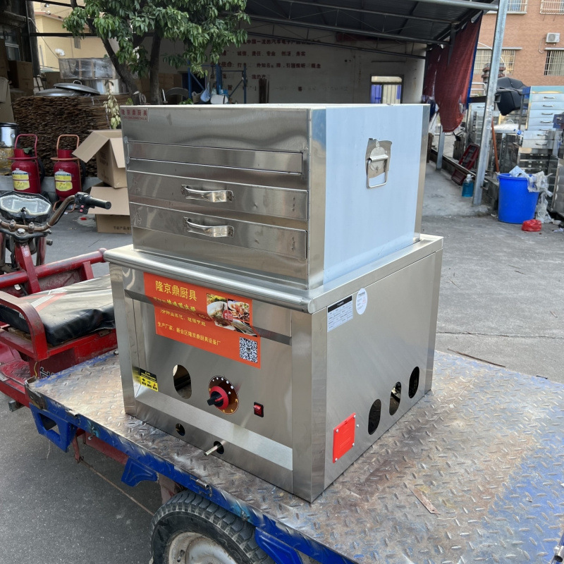 Longjingding modelo de coche de tres ruedas máquina de salchichas de gas vapor comercial multifuncional horno de salchichas de vapor de desayuno cabina completa