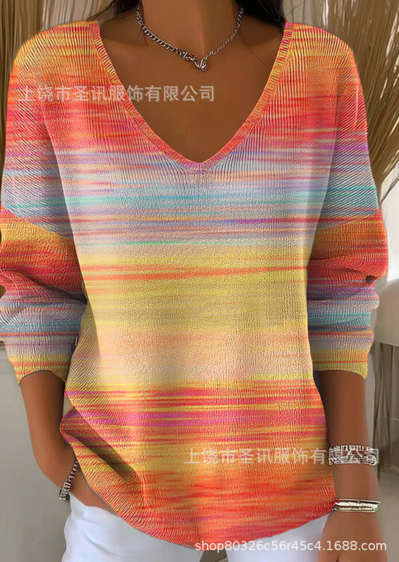 欧美跨境独立站新款3D印花女士时尚渐变色V领长袖T恤上衣|undefined