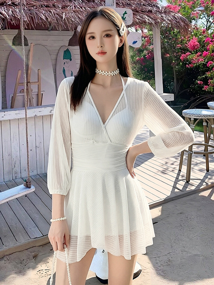 Traje de baño para mujer 2025 verano Internet celebridad nuevo estilo de falda de una sola pieza que cubre la carne y adelgaza con encaje de manga larga traje de baño de vacaciones push-up de pecho pequeño