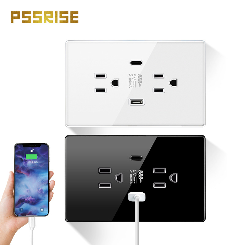 美式插座 全面钢化玻璃 美标台湾插座 泰式插座USB type-c快充