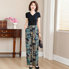 中老年女裤夏季冰丝妈妈裤宽松大码花裤子松紧腰休闲九分裤打底裤