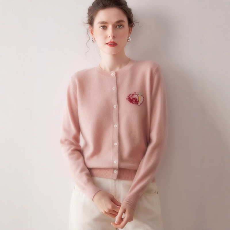 Jacquard Strawberry Pink Round Neck 100% Pure Cashmere Cardigan, Slim and Versatile Short Korean Style Knitted Outerwear Jacquard Strawberry Pink Round Neck 100% Pure Cashmere Cardigan, Slim and Versatile Short Korean Style Knitted Outerwear