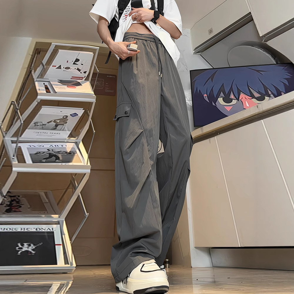 American-Style Trendy Cargo Pants for Men, Summer Thin Casual Pants, Extended Quick-Dry Pants, Pleated Hiking Parachute Pants