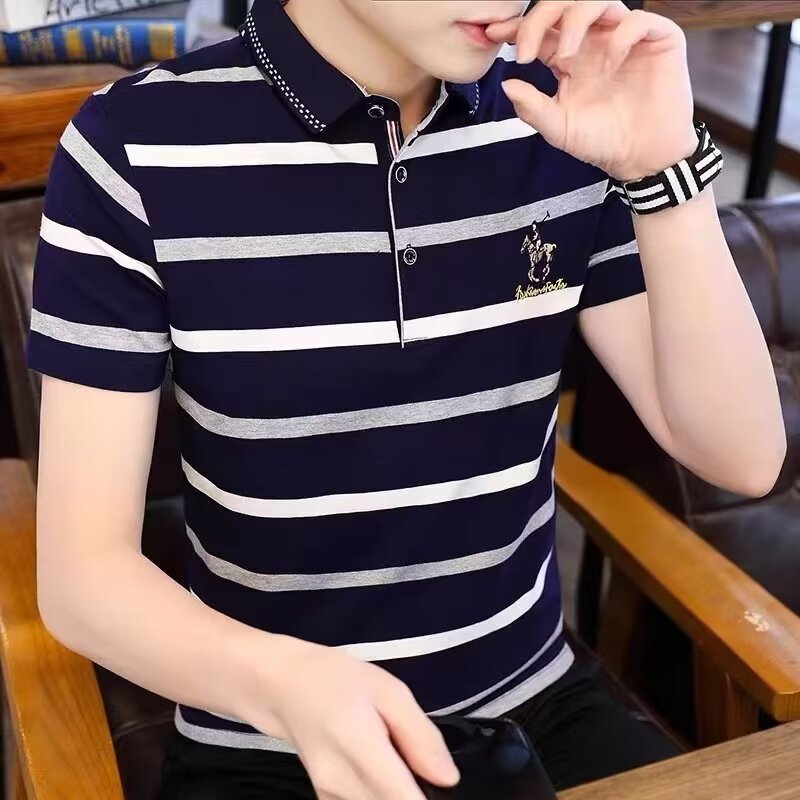 Men's Short-Sleeved Stripesd Polo Shirt Men's T-Shirt New Casual Men's Embroidered Lapel Top Bottoming Shirt Trbottomy Batch