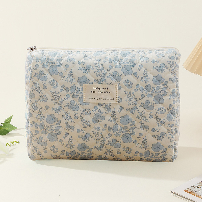 Borsa cosmetica trapuntata di media e grande capacità, piccola borsa portaoggetti floreale portatile in cotone trapuntato con fiori_voghion.com