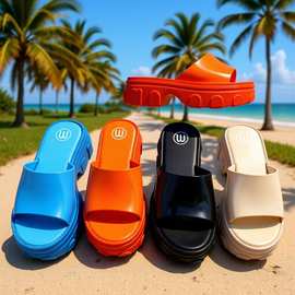2025夏季新款一字带厚底高跟拖鞋女松糕底增高沙滩鞋坡跟懒人凉拖