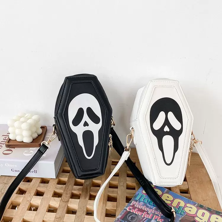 跨境外贸风潮新款斜挎包女pu个性棺材女包大容量骷髅图案单肩包