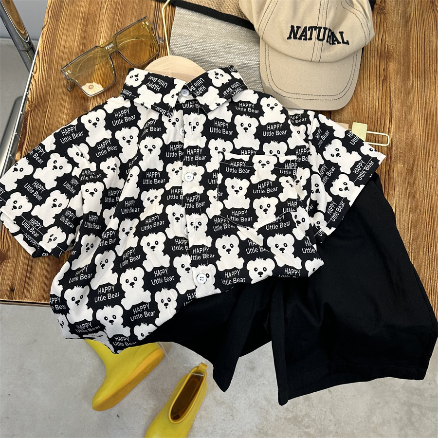 Camisa para niños 2024 verano hombres y mujeres niños feliz oso manga corta aire extranjero bebé flor camisa Joker ropa para niños