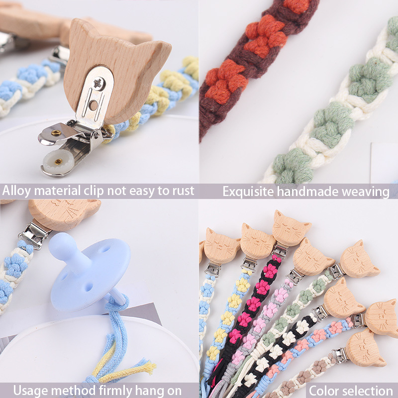 Nuevo clip de chupete de madera de haya de animal de dibujos animados creativo tejido a mano pata de perro textura chupete de algodón cadena anti-caída