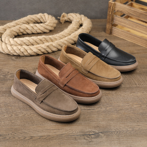 Men's Casual Leather Shoes Slip-On Loafers Thick Sole Round Toe Trendy Men's Social Beanbean Shoes Suede Leather