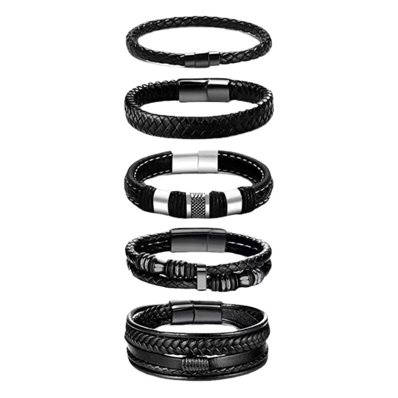 Pulsera de cuero de los hombres europeos y americanos moda popular Venta caliente cuero tejido magnético hebilla pulsera multi-capa combinación traje pulsera
