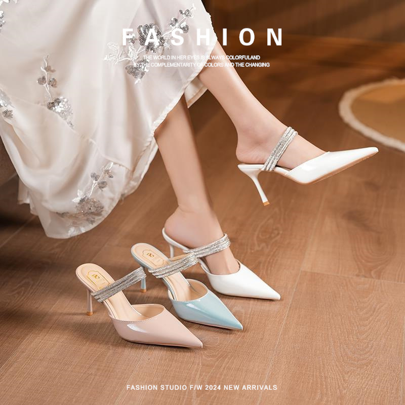 Women's Genuine Leather Shoes, High-End Style, New Spring and Autumn Models, Thin Heel High-Heeled Sandals, Fashionable Versatile Half-Slipper Trendy Women's Mid-Heel Shoes