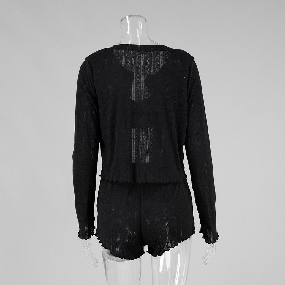 Bộ đồ ngủ nữ 3 món dệt kim gồm áo cardigan dài tay, áo lót và quần short — In hoa, Màu hồng, Màu trắng, Màu xanh dương chi tiết 13