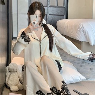 2025 New High-end Black Lace Ice Silk French Style Pajamas Women's Long-sleeved Home Clothes suit