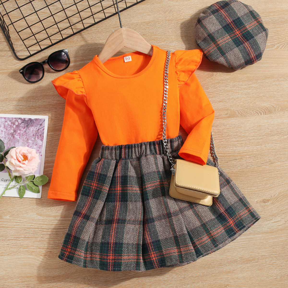 Vestito autunnale da bambina con cappuccio, gonna corta a pieghe a quadri, con cappello, set da 3 pezzi_voghion.com