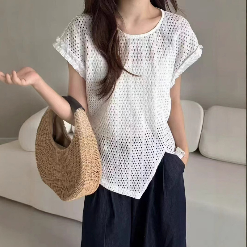 Korean Style Cut Out Mesh Short-Sleeved T-Shirt for Women Summer 2025 New Age-Reducing See-Through Ear-Hem Slit T-Shirt Top