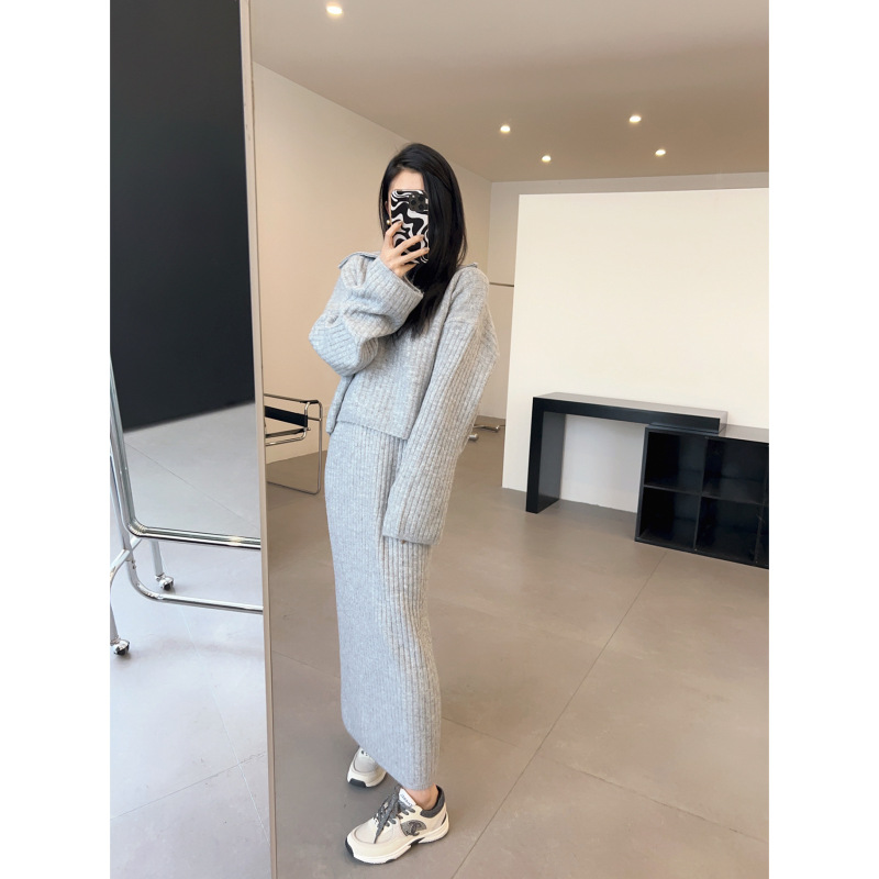 慵懒风半拉链翻领毛衣套装女秋冬季韩版宽松休闲针织半身裙两件套|undefined