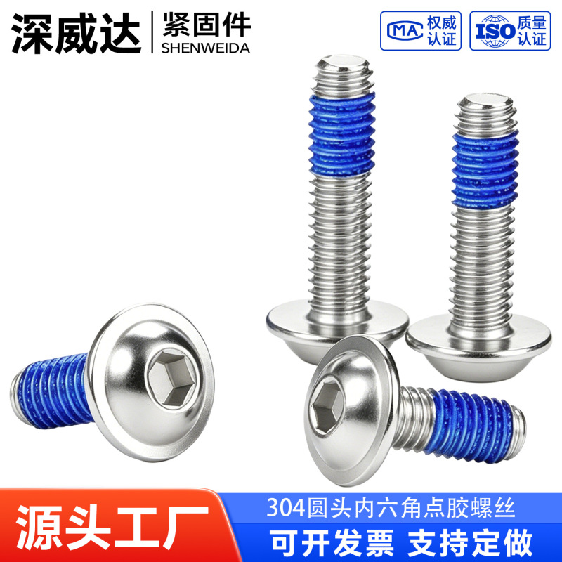 304 Stainless Steel Hex Socket Screws with Pads and Glue Coating, Flat Round Head, Anti-Loosening Screws M2M3M4M5M6